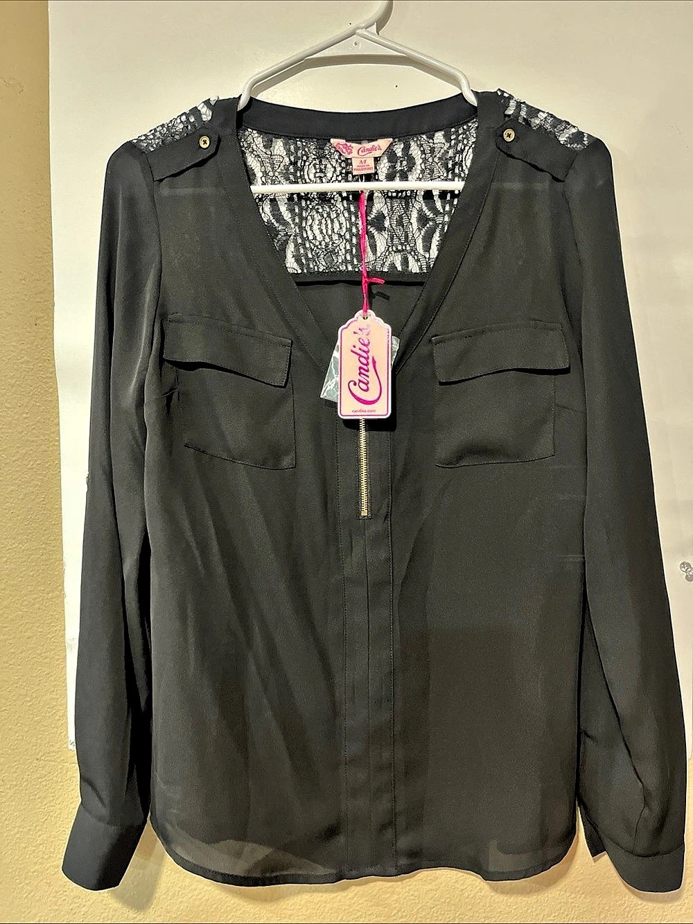Candie's Zip Front Utility V-Neck Blouse Black Medium size M NWT